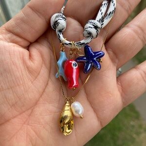Stainless steel & paracord layered Necklaces with Starfish, freshwater pearl